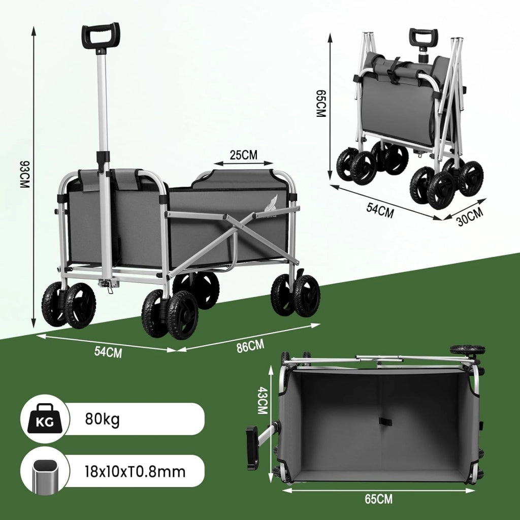 Carrello con Ruote, Carrello Pieghevole con 4 Ruote Doppie, per Spiaggia, Giardino, Campeggio, Viaggio, Oxford+Metallo, Grigio Scuro