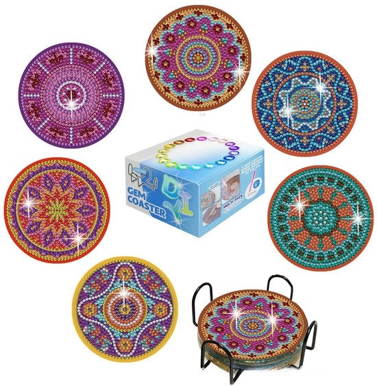 Set di supporti per bicchieri - set di 6 supporti assorbenti in ceramica con cuscini in diamante, set di pittura con adesivi mandala, pittura con diamante per bambini, supporti per bicchieri DIY per principianti, per bambini