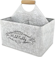 Cassa per utensili in acciaio galvanizzato per cucina, con maniglia comoda e ripiani per organizzare piatti, tovaglioli e posate.