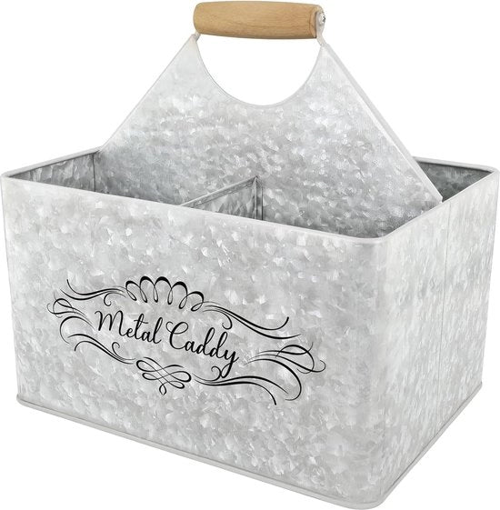Cassa per utensili in acciaio galvanizzato per cucina, con maniglia comoda e ripiani per organizzare piatti, tovaglioli e posate.