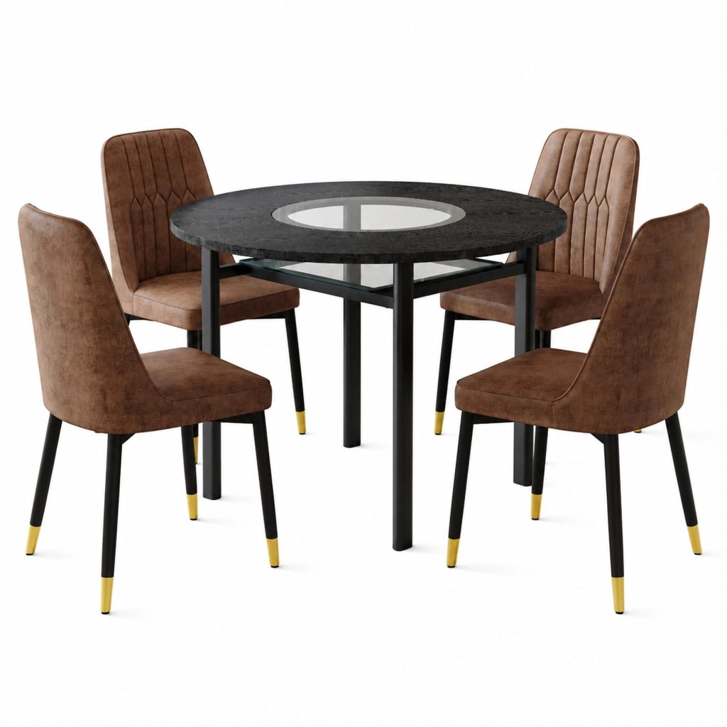 Set tavolo e sedie con 1 tavolo rotondo; 4 sedie e ripiano in vetro in tessuto; MDF e metallo marrone e nero
