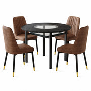 Set tavolo e sedie con 1 tavolo rotondo; 4 sedie e ripiano in vetro in tessuto; MDF e metallo marrone e nero