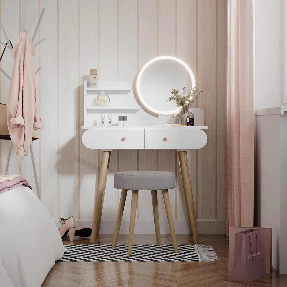 Tavolo da toilette Edda, Bianco, 100 cm con specchio LED e sgabello, con specchio LED rotondo e sgabello coordinato