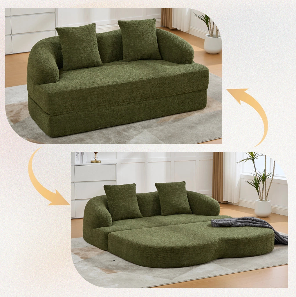 Divano letto pieghevole in chenille verde, design multifunzionale per ambienti moderni