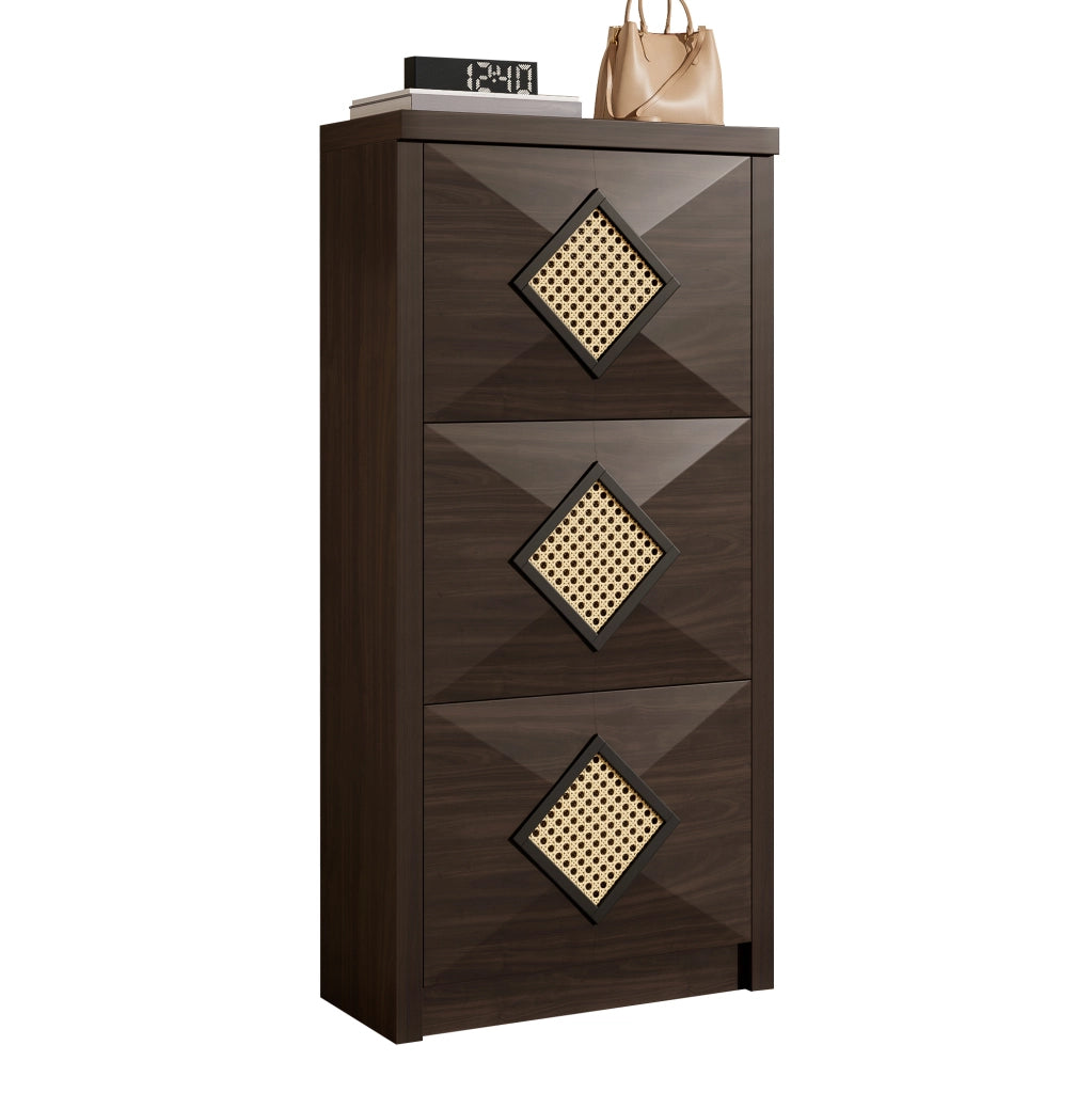 Scarpiera 54x25x115 cm con 3 ribalte e decorazione in rattan in pannello truciolare