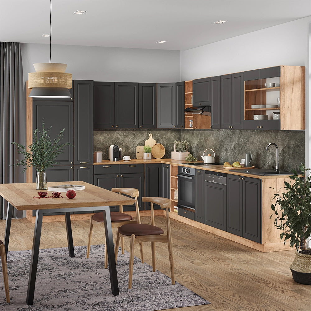 Cucina angolare completa Fame-Line Antracite rustico/Rovere dorato 347 x 46 cm senza piano di lavoro Vicco