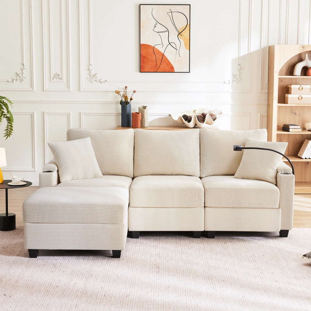 divano angolare reversibile 3 posti con pouf; portaoggetti; usb e tasche; in velluto a coste beige