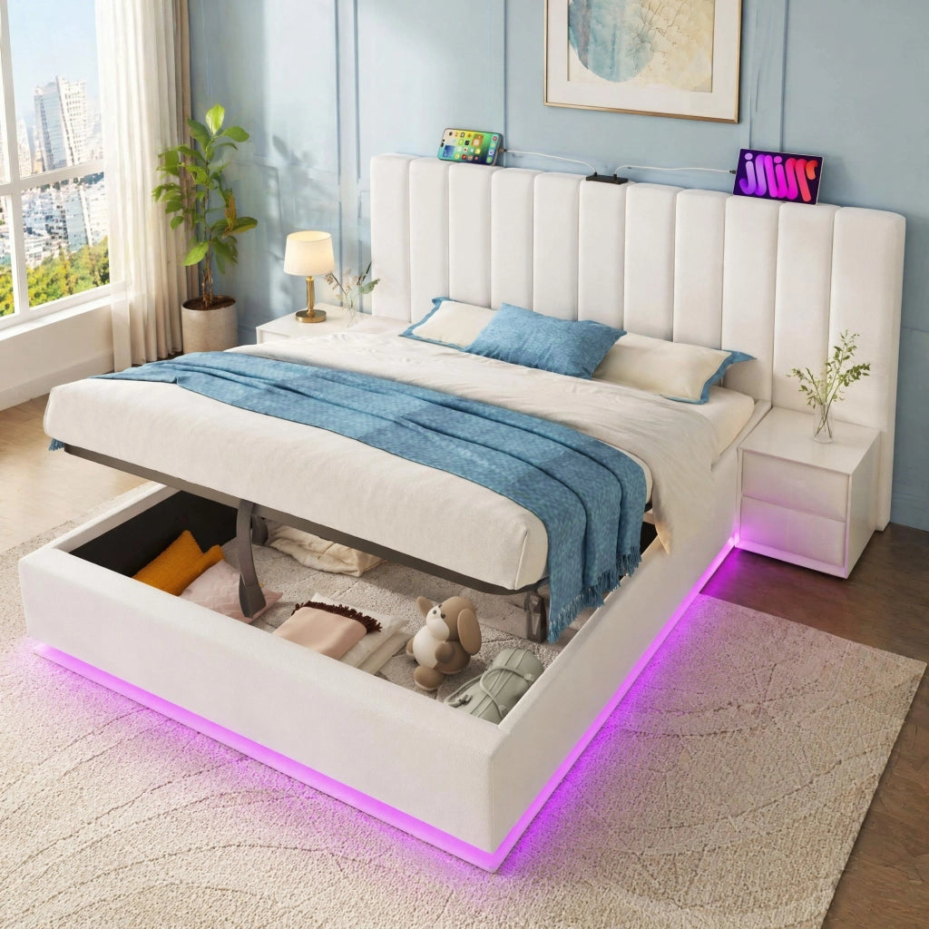 Letto matrimoniale imbottito 160x200 cm con contenitore; LED 360掳; USB e Type-C; bianco