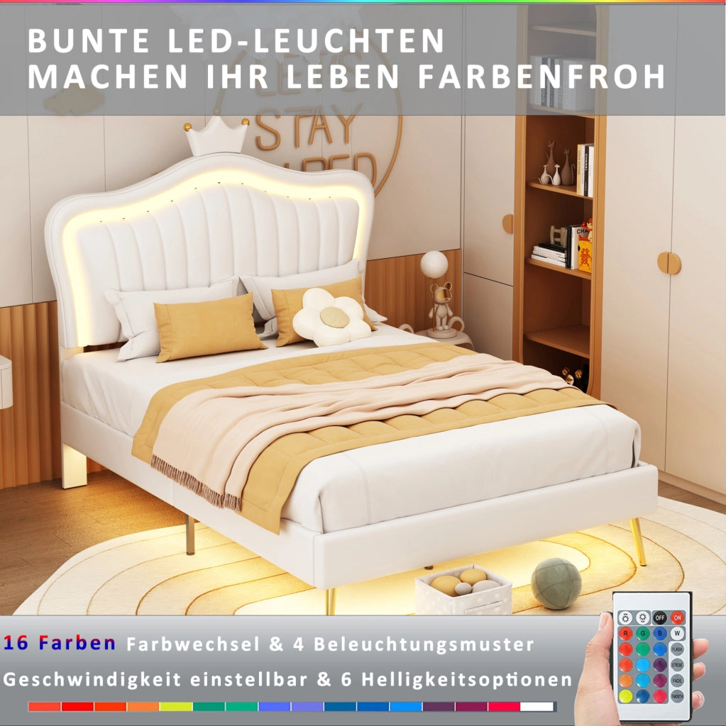 Letto per bambini imbottito 90x200 cm bianco con testiera a conchiglia e LED
