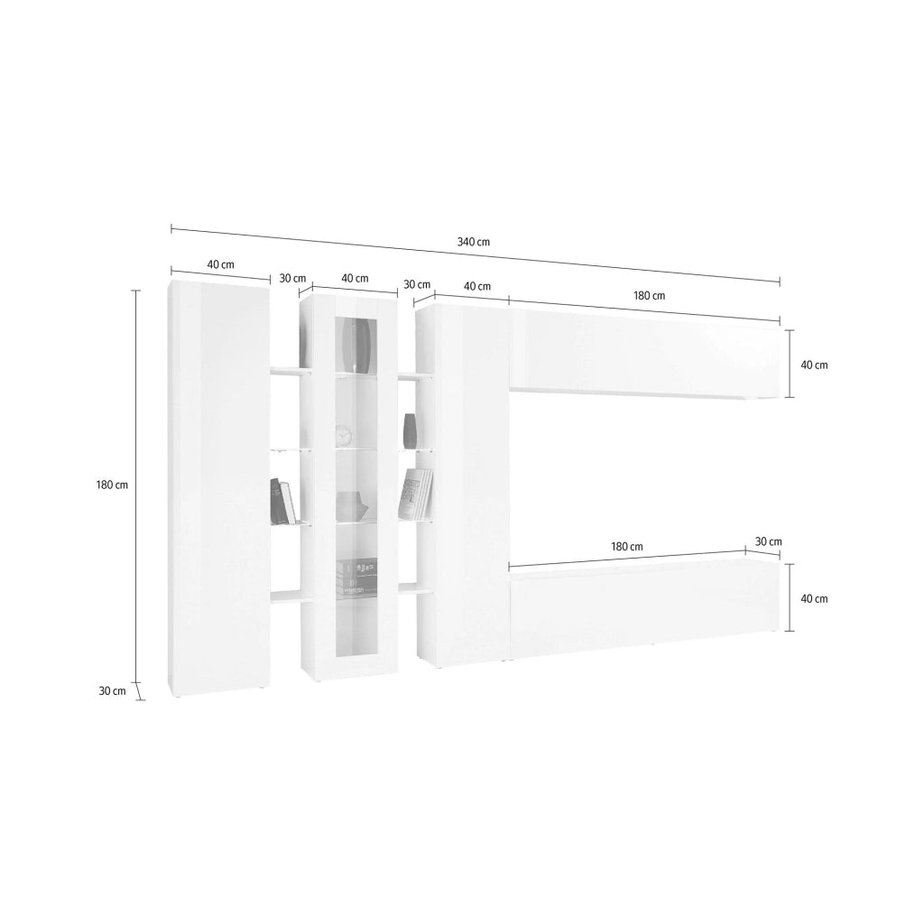 Ivano, Parete Attrezzata 20 Ripiani Made in Italy, 30x320x180h cm Bianco Lucido