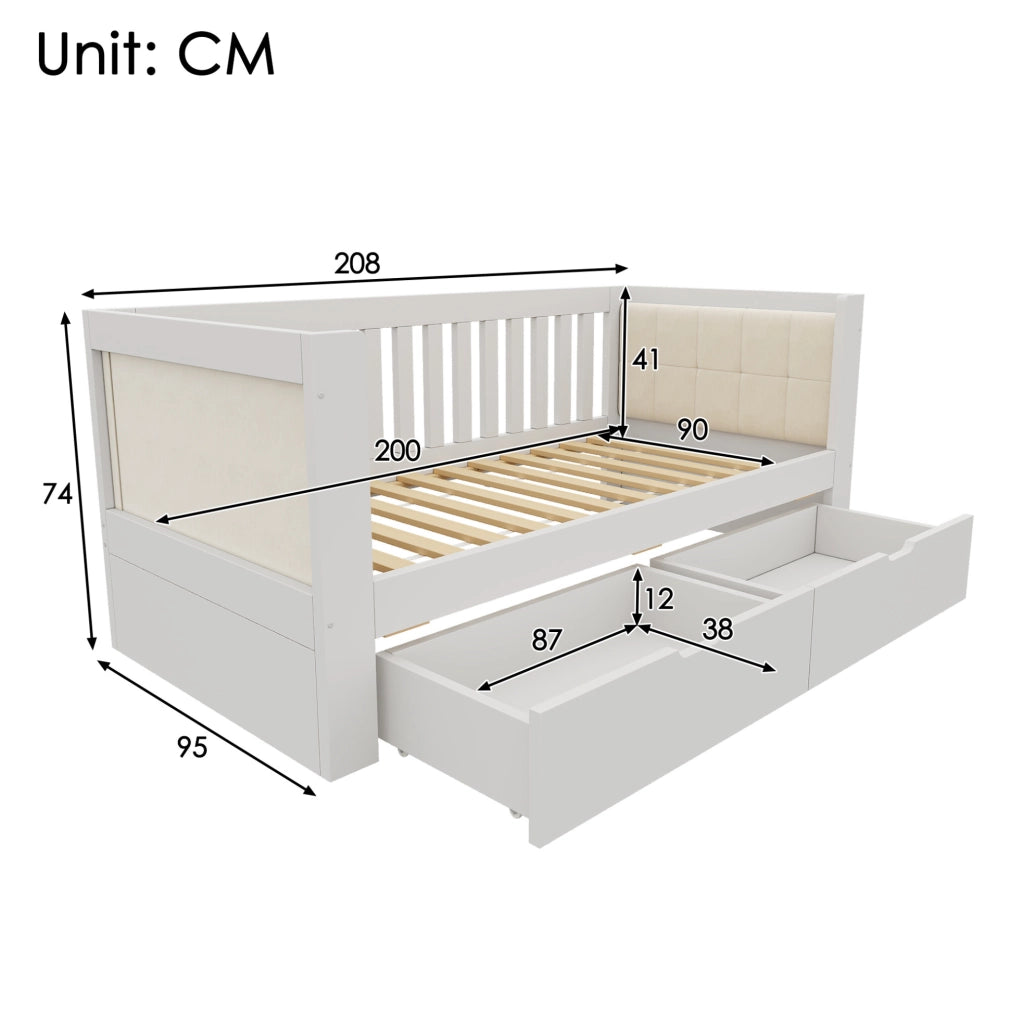 Letto singolo in legno con 2 cassetti e schienale imbottito, bianco 90x200 cm
