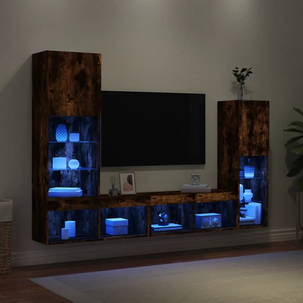 Mobili TV a Muro con LED 4pz Rovere Fumo in Legno Multistrato