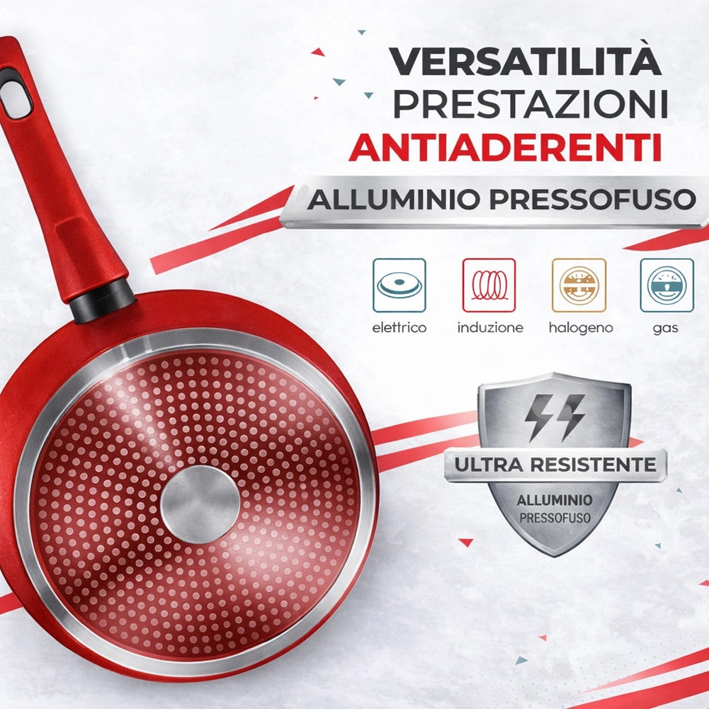 Batteria Pentole Rubino Suprem 24PZ Alluminio Pressofuso Rosso Manici Removibili