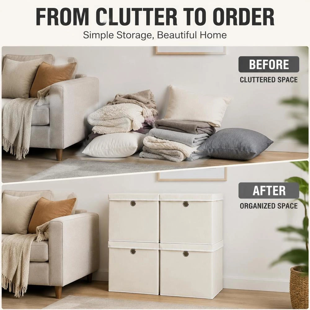 Storage Boxes With Lids, 4 Pieces, White, 32x32x32 Cm, Fabric