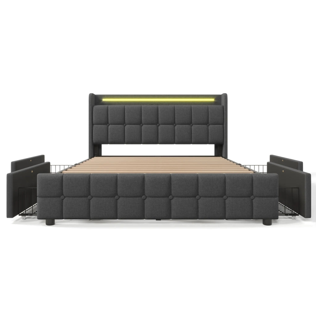 Letto matrimoniale imbottito 180x200 cm con LED; USB; prese; 4 cassetti e rete a doghe; grigio