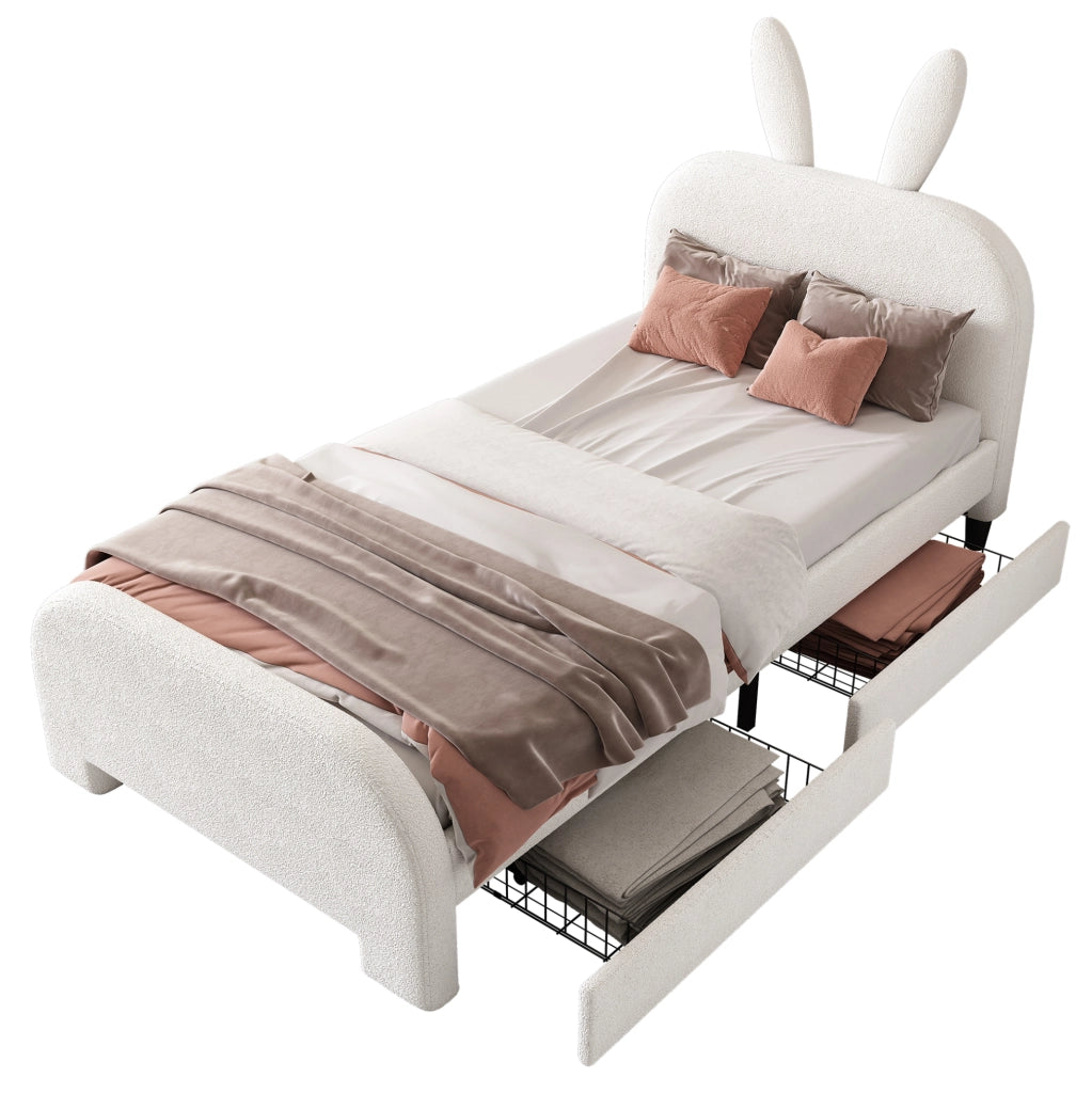 Letto per bambini 90x200 cm imbottito con testiera a forma di coniglio; 2 cassetti; bianco