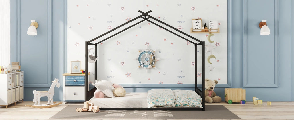 Letto per bambini in ferro nero 140x200 cm con struttura a forma di casa