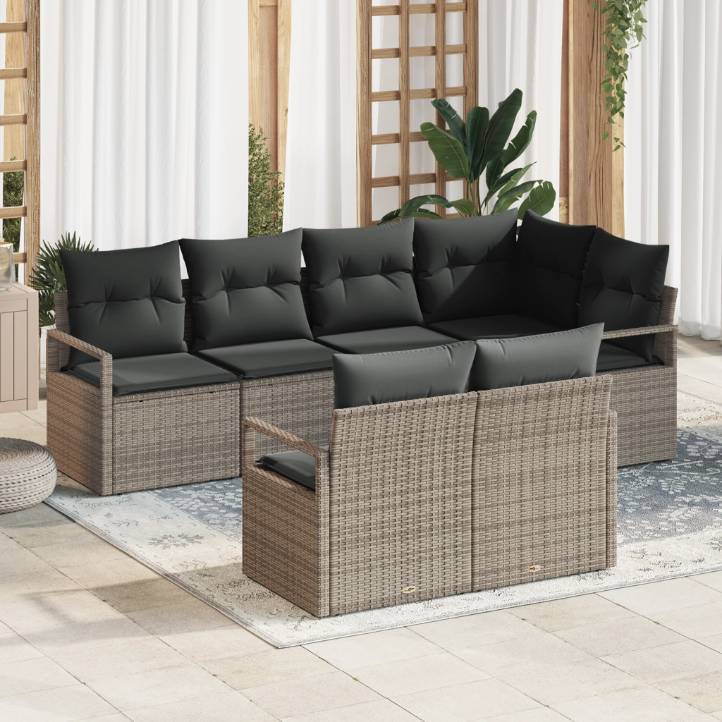 Set di 7 Pezzi Divano da Giardino con Cuscini Grigio Polyrattan