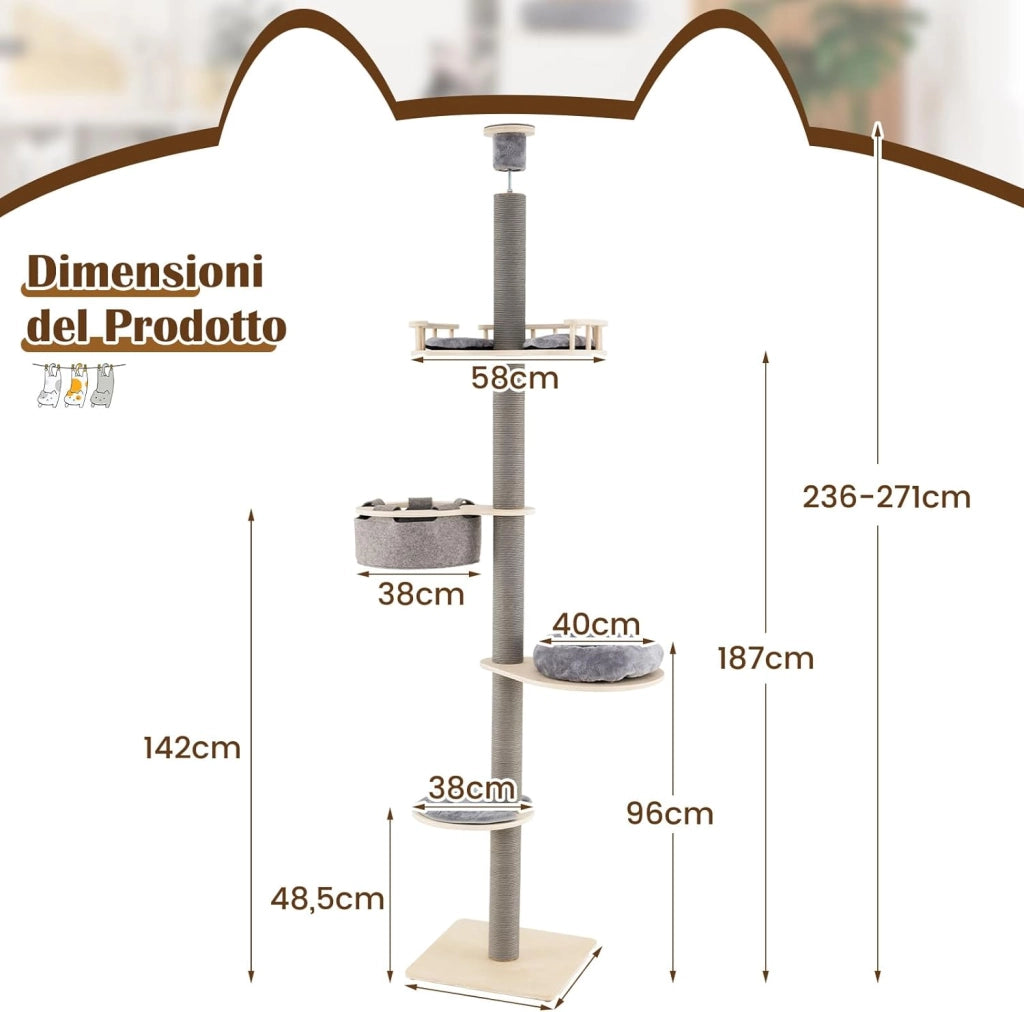 Albero per Gatti da Pavimento a Soffitto con Altezza Regolabile 236-271 cm, Tiragraffi per Gattini in Legno a 5 Livelli con Ripiano, Letto Peluche, Amaca e Pali Tiragraffi, Mobile per Gatti da Interno