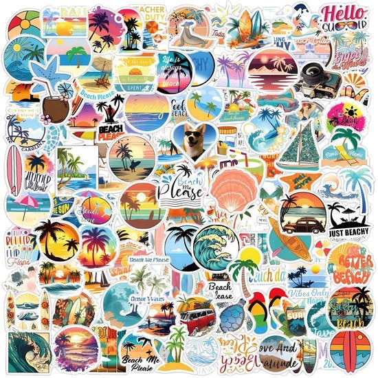 Etichette decorativi 120pz - Tema estate e spiaggia - Etichette acqua-resistenti - Adesivi PVC per laptop, zaino, bottiglia e telefono - Disegni allegri