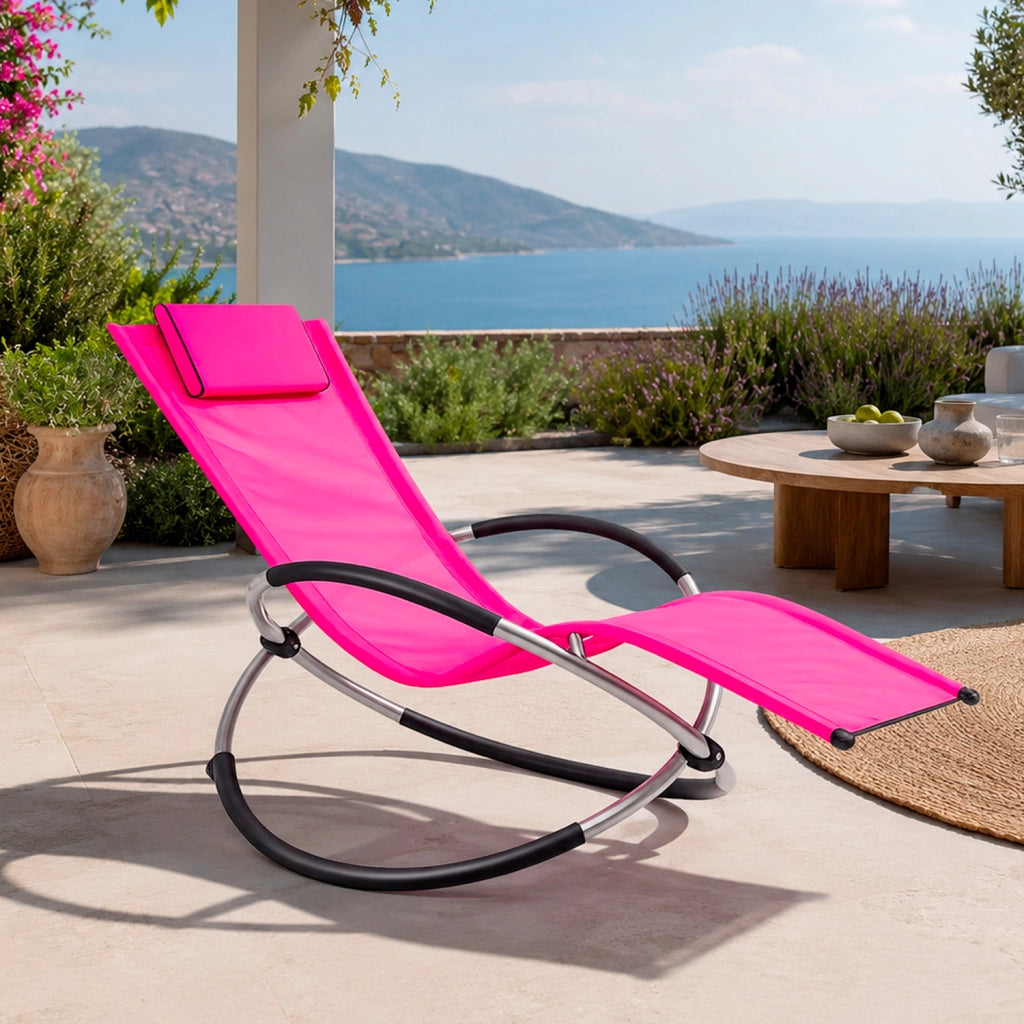 Dondolo Reclinabile Da Giardino Con Poggiatesta Removibile In Textilene Traspirante Telaio Metallo Relax Outdoor 73 x 150 x 93 Cm Fuxia
