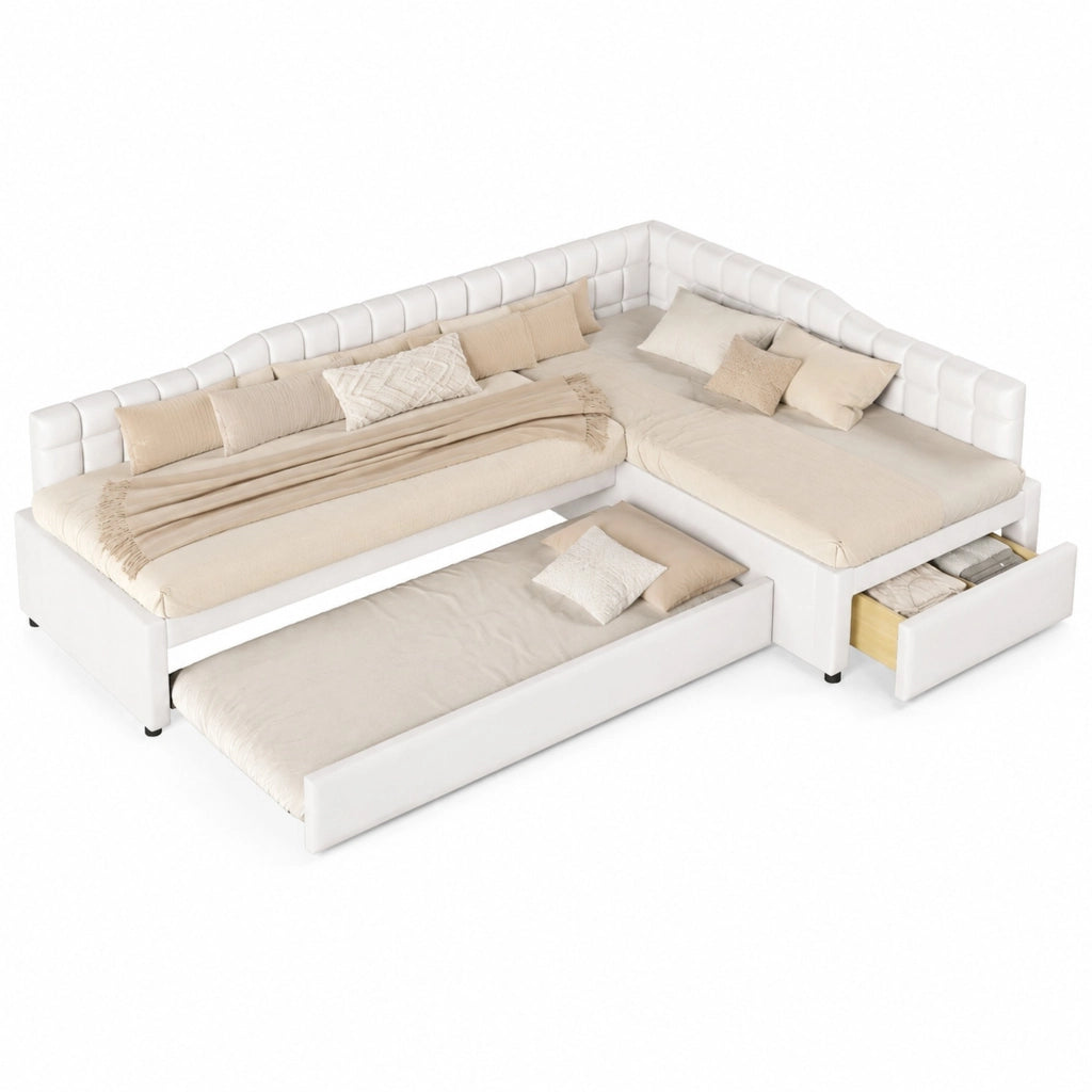 Letto Combinato 90x200 cm e 90x200 cm; con letto estraibile e cassetti in Flanella; Beige