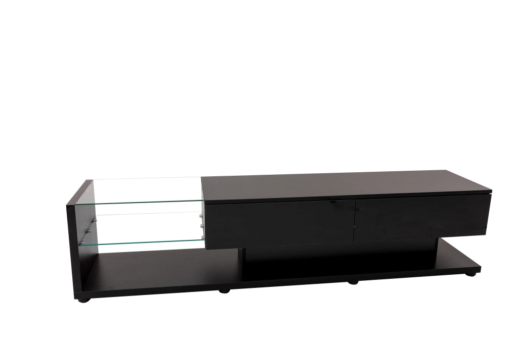 Mobile TV con 2 Cassetti e 2 Ripiani in Vetro con LED controllato da App; in Truciolare; Nero; 170×36×38 cm