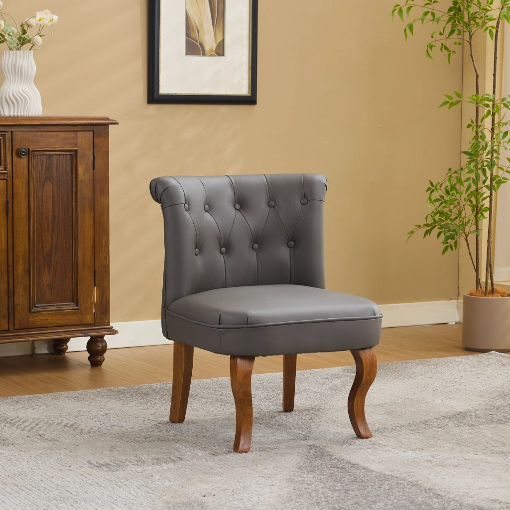 Sedia da pranzo in pelle pieno fiore con bottoni decorativi e gambe in legno massello, grigio 64 × 59 × 50 cm