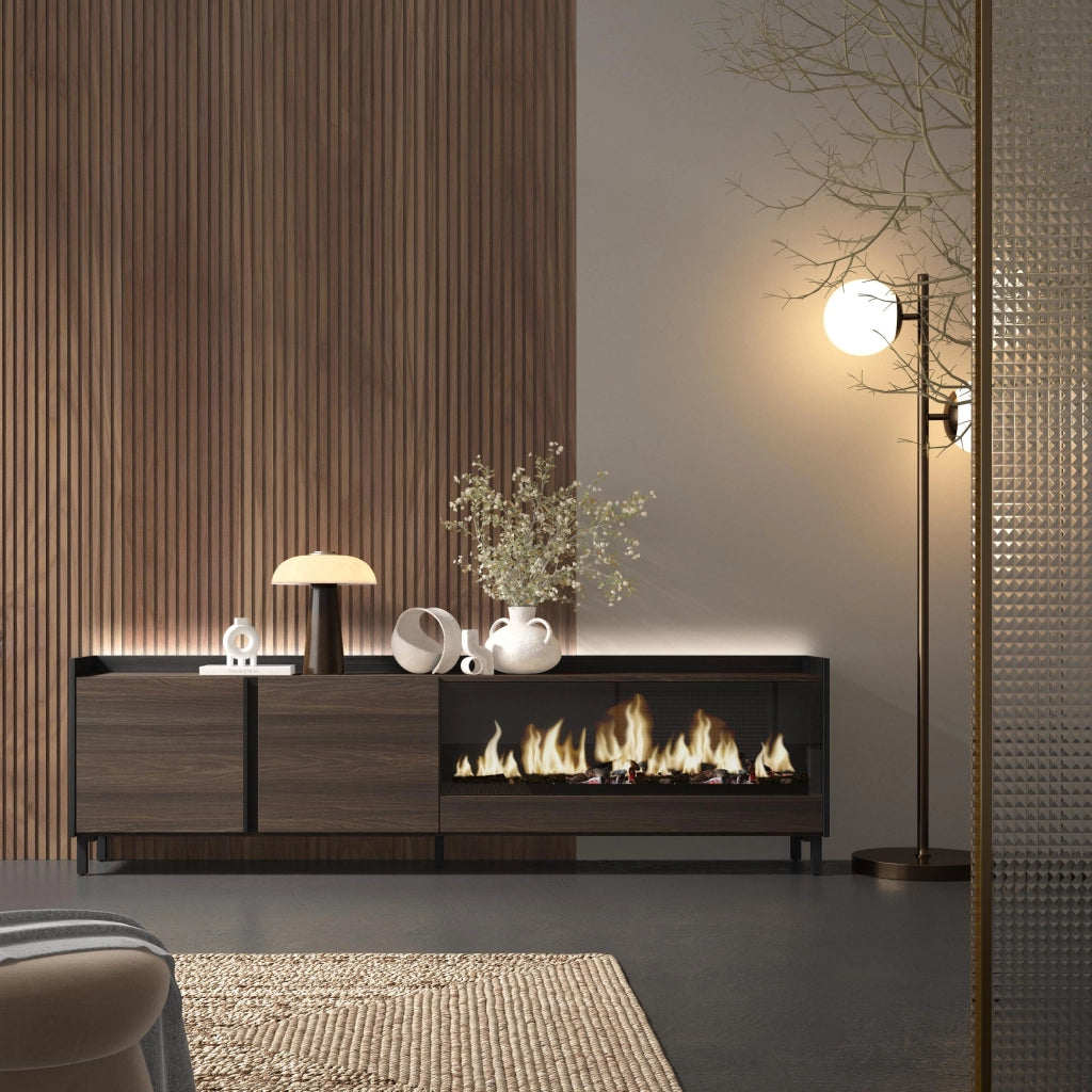 Mobile TV Soggiorno, 212x61x35 cm, Per TV fino a 80", Camino elettrico XXL, Design industriale, LED, Rovere scuro e Nero