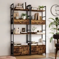 Libreria a 6 livelli con 4 ripiani, 3 cassetti in tessuto, 60x30x176cm, Marrone rustico