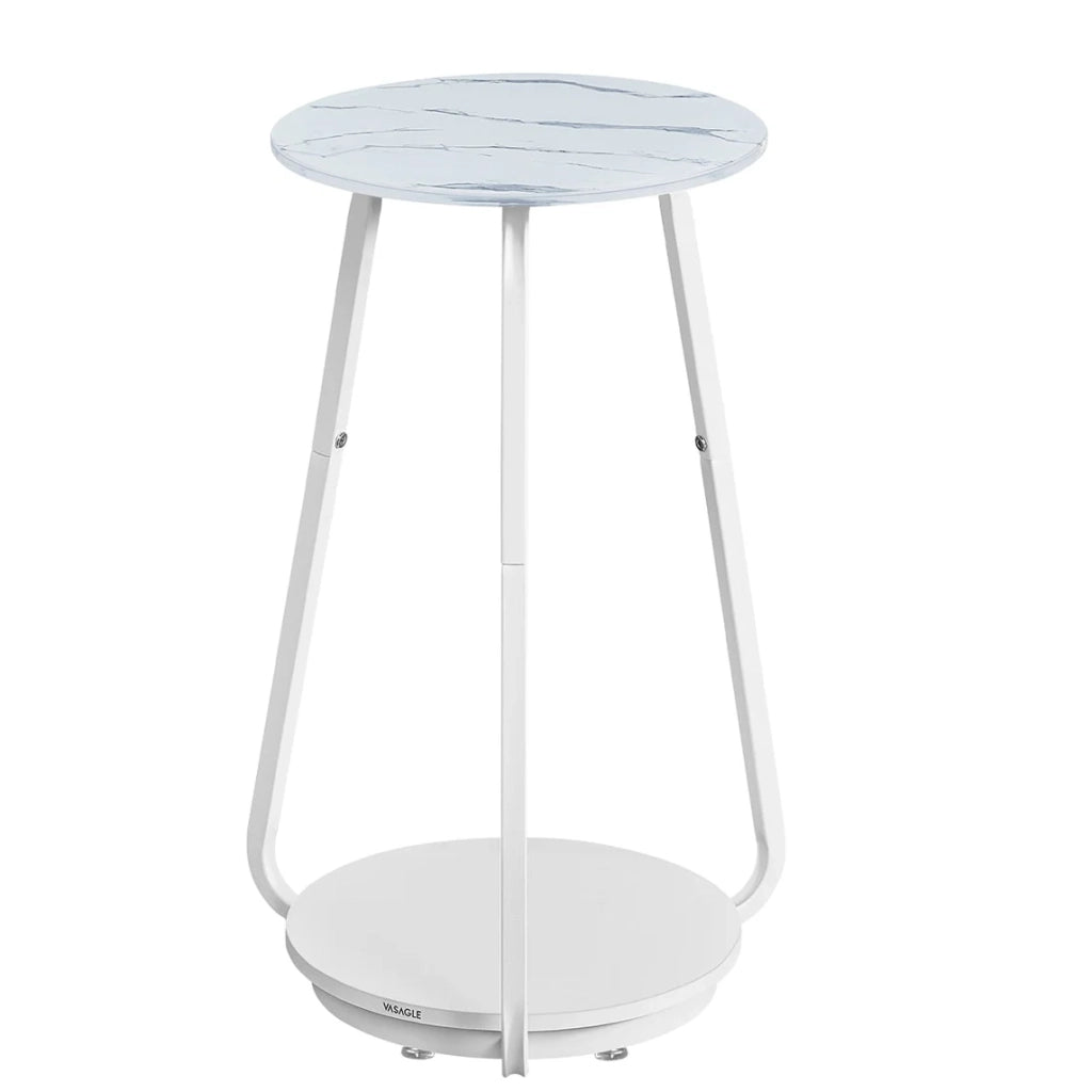 Tavolino rotondo comodino a 2 ripiani tavolino con piano in vetro e ripiano in truciolare per soggiorno piccoli spazi stile moderno effetto marmo bianco 12_0007567