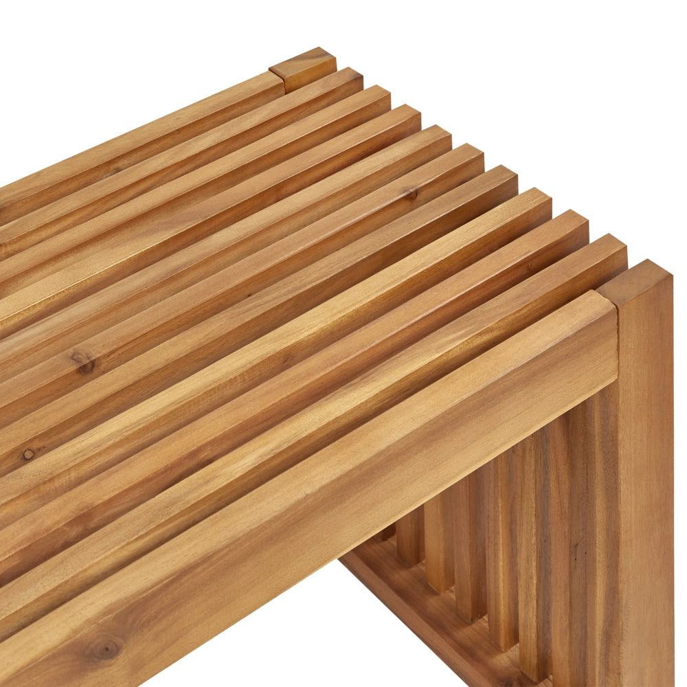 Set di 2 panche da pranzo da giardino in legno chiaro di acacia a 2 posti, moderne e rustiche, per esterni e interni.