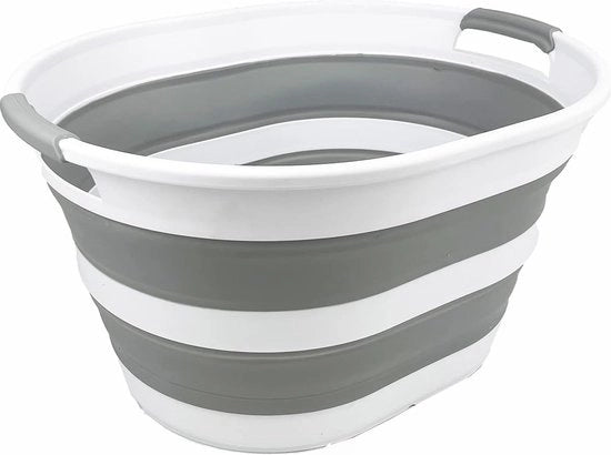 Wasciova con coperchio in plastica, pieghevole, 23 l, cassetta ovale, contenitore di stoccaggio ripiegabile/organizzatore, vasca da bagno portatile, vasca da bagno spaziale risparmiatrice di spazio (1, bianco/grigio)