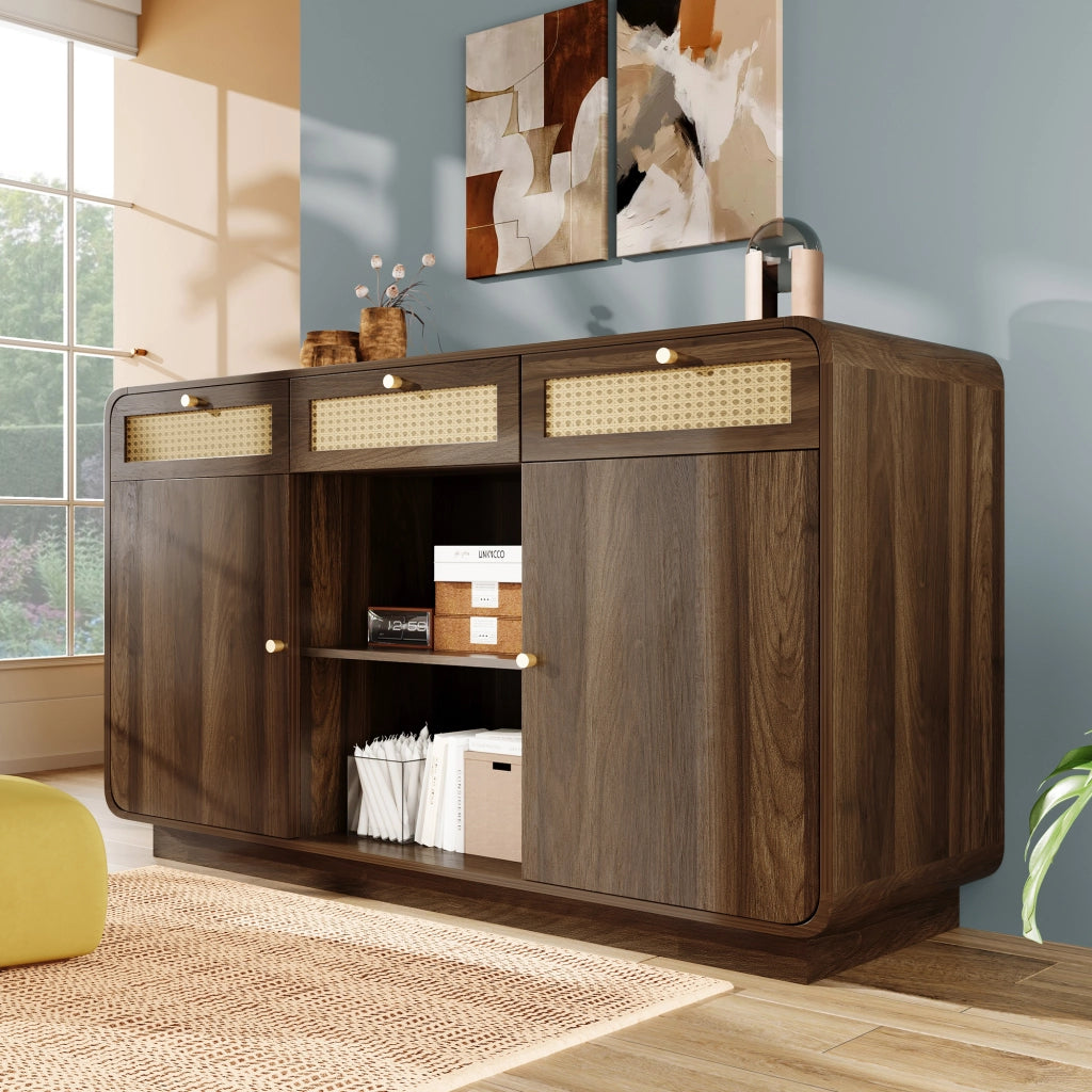 CREDENZA 120x40x85 cm Noce con 3 cassetti, rattan e 2 ante
