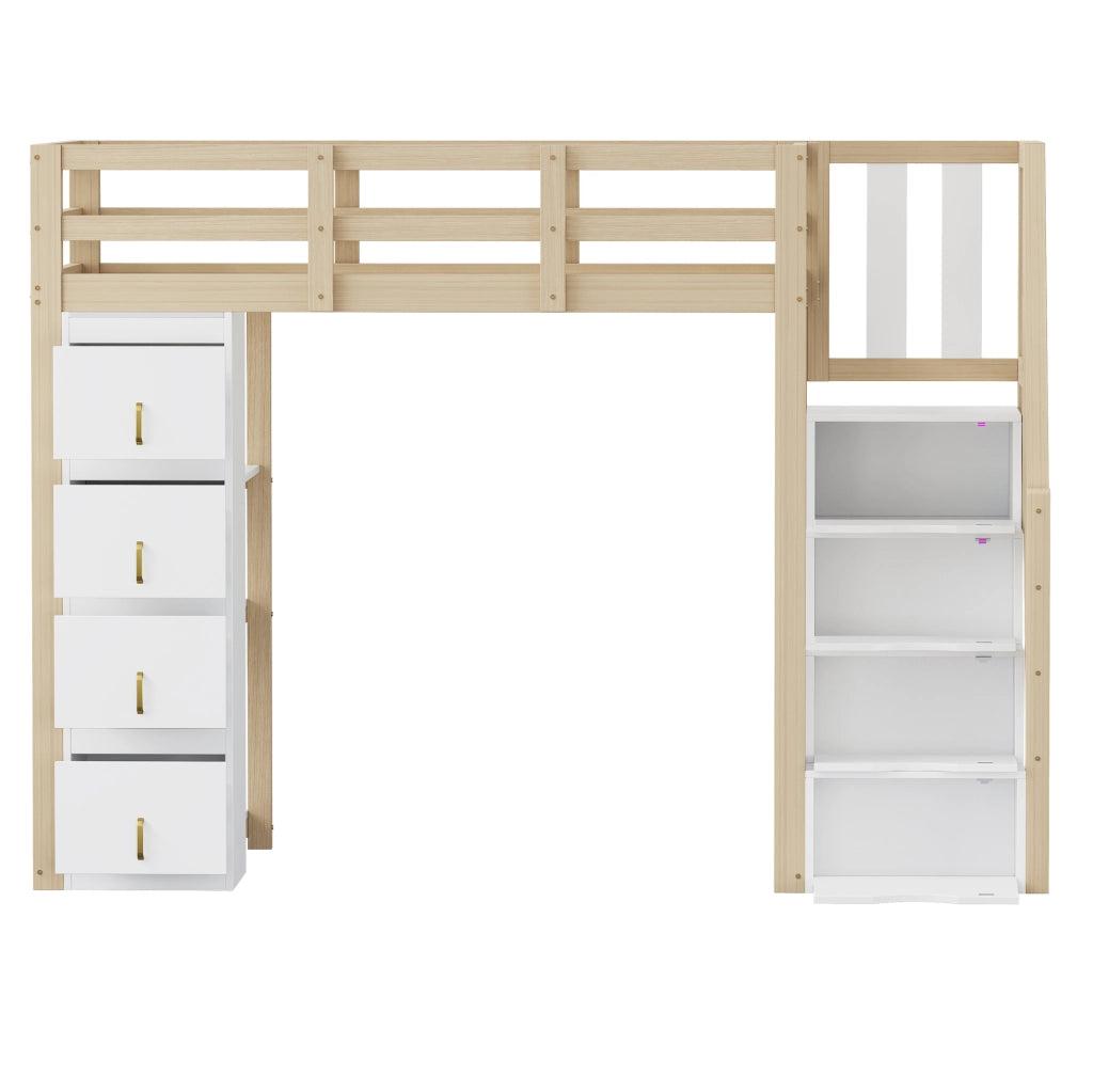 Letto a soppalco 90x200 cm in legno massello con cassetti contenitori e scala di sicurezza