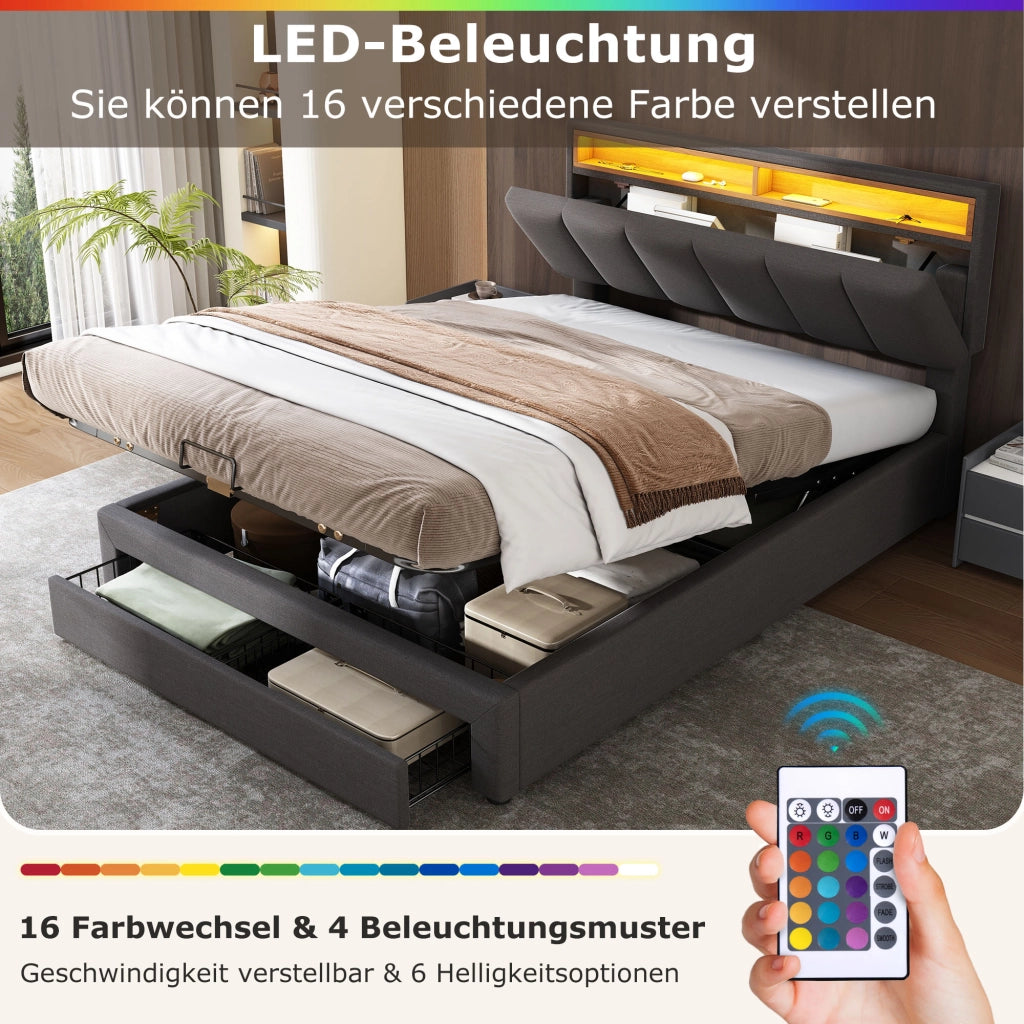 LETTO Polsterbett 140x200 cm grigio in lino con LED e vano contenitore
