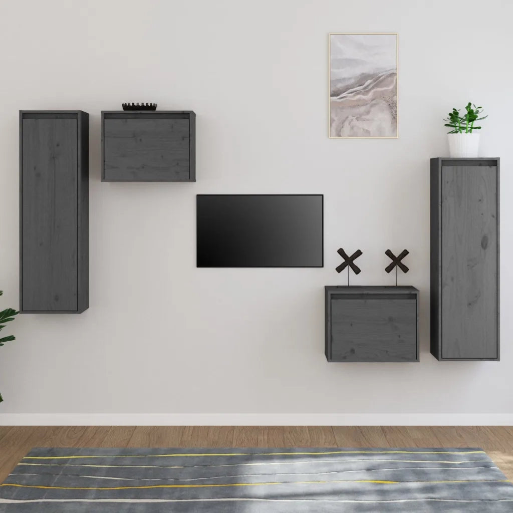 Mobili Porta TV 4 pz | Armadietto TV | Mobile Porta TV Grigi in Legno Massello di Pino