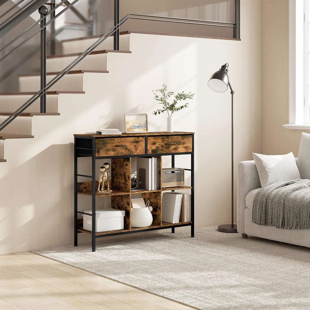 Libreria rustica marrone con 6 ripiani, 2 cassetti, struttura in metallo, autoportante, studio, soggiorno, camera da letto