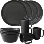 Servizio da 4 persone in materiale plastico, 12 pezzi di servizio da campeggio, piatti e tazze leggeri, set di piatti e tazze sicuri per forno a microonde e lavastoviglie, nero
