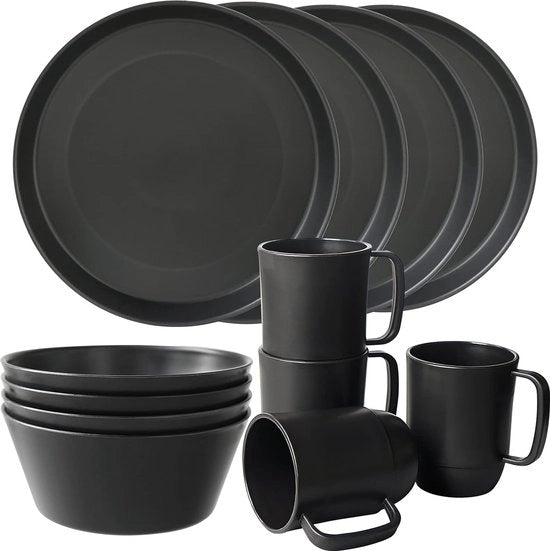Servizio da 4 persone in materiale plastico, 12 pezzi di servizio da campeggio, piatti e tazze leggeri, set di piatti e tazze sicuri per forno a microonde e lavastoviglie, nero