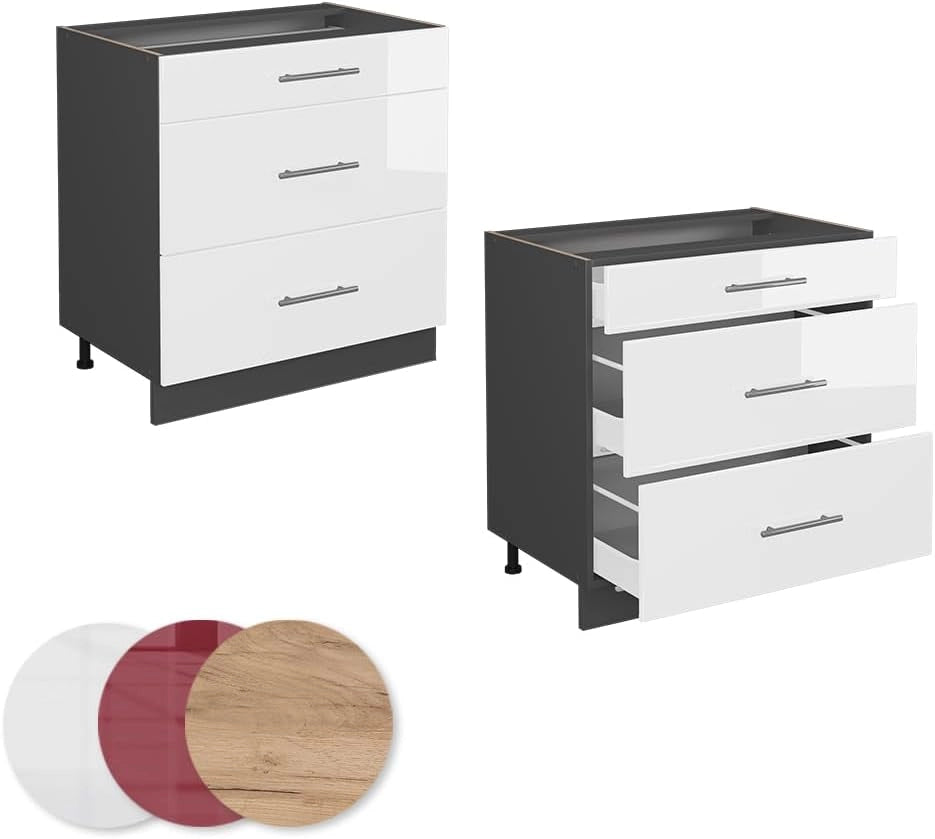 Mobiletto base per cucina Fame-Line, Bianco lucido, 80 cm con 3 cassetti, senza piano di lavoro, per la combinazione con altri moduli della serie Fame-Line