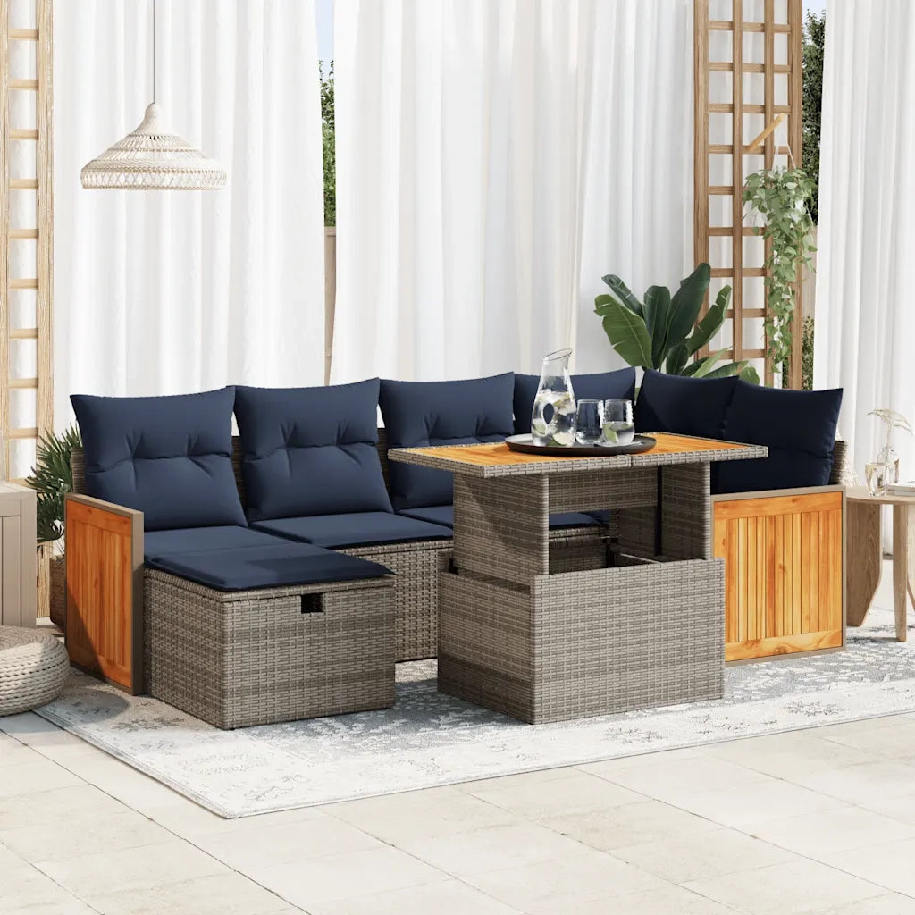 Set Divani da Giardino con Cuscini 7pz Nero Polyrattan Acacia
