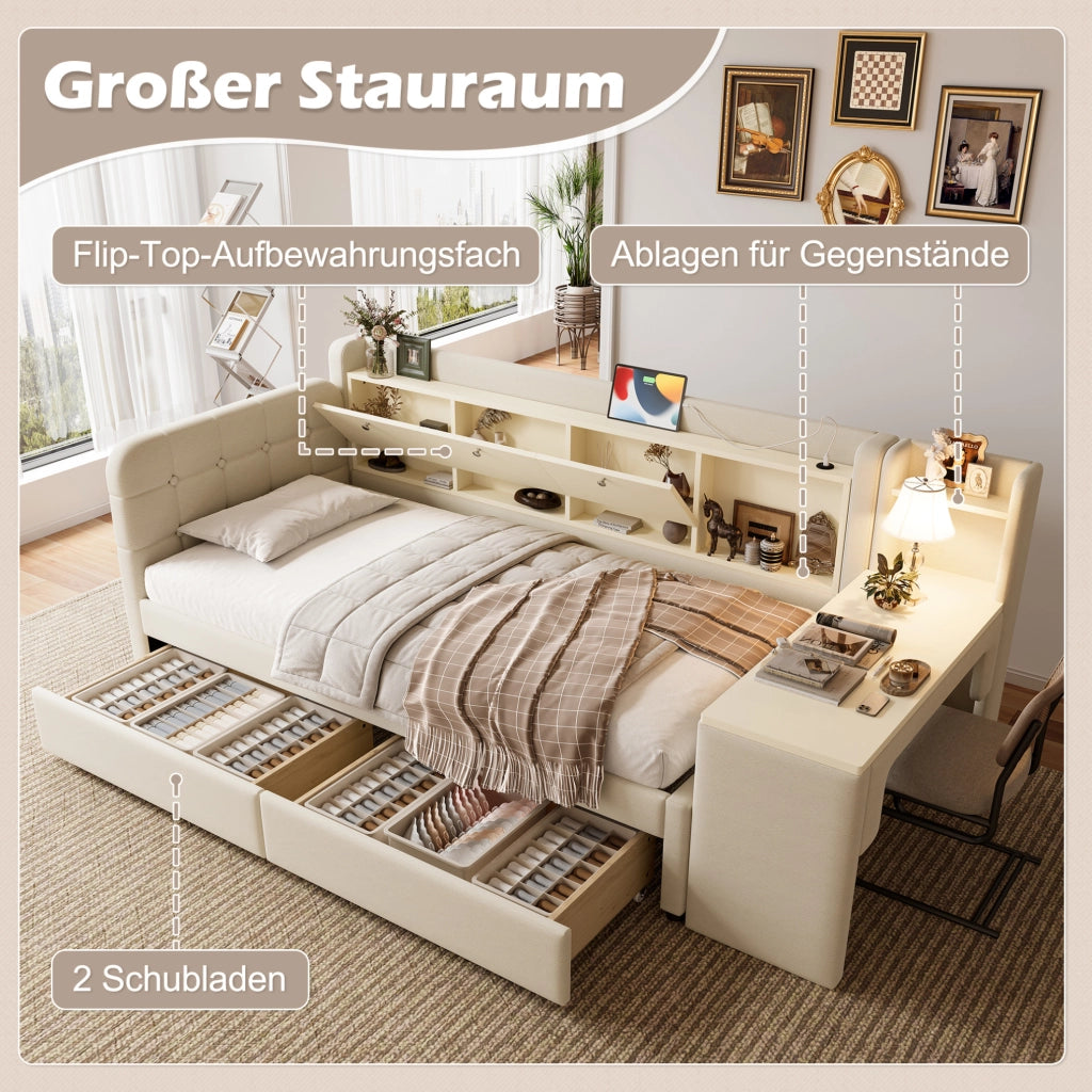 Letto singolo 90x200 cm con scrivania, cassetti e USB-C
