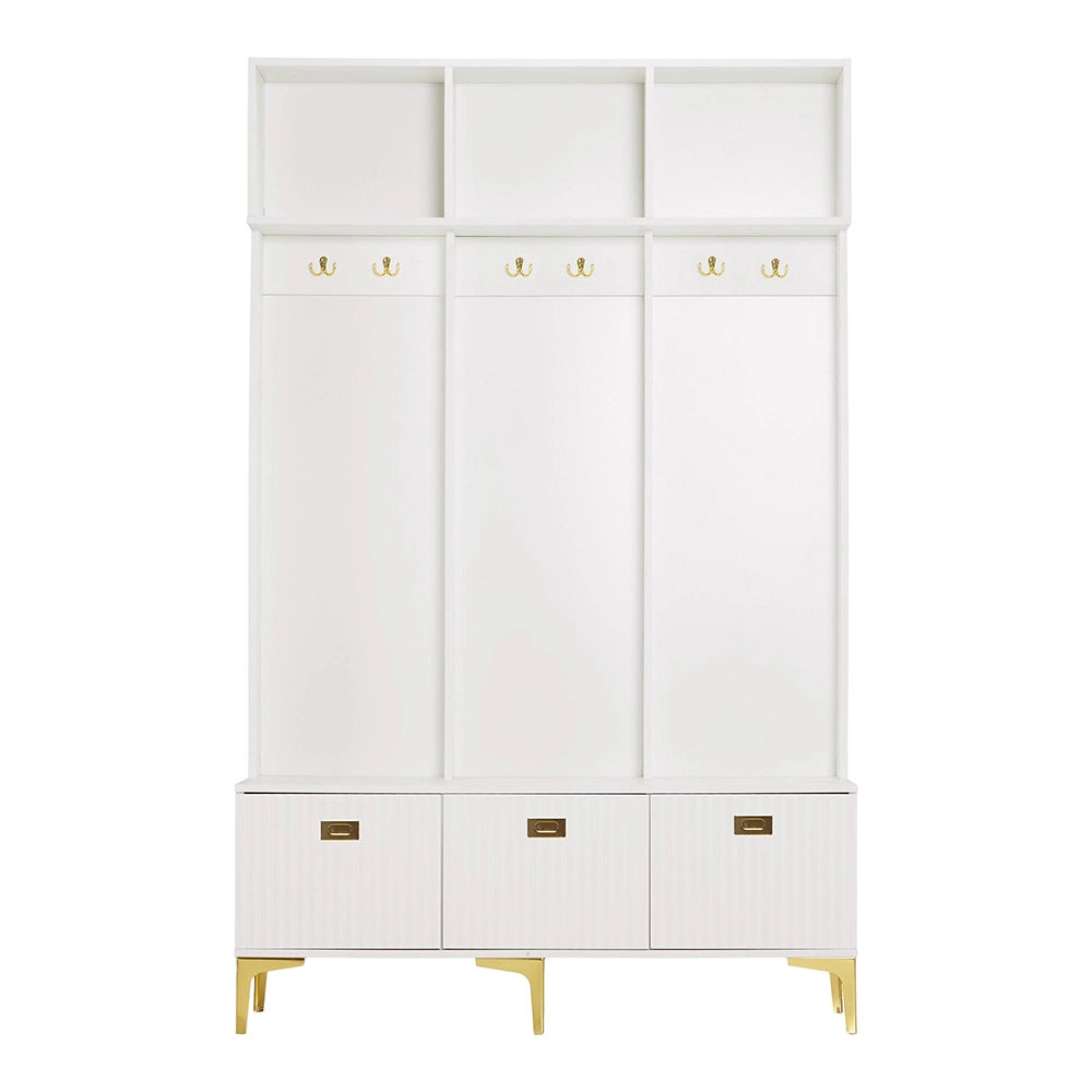 Vestiaire con panchina - Xylo - L120xP235xH1915 - Bianco - 6 ganci, gambe dorate, multifunzionale