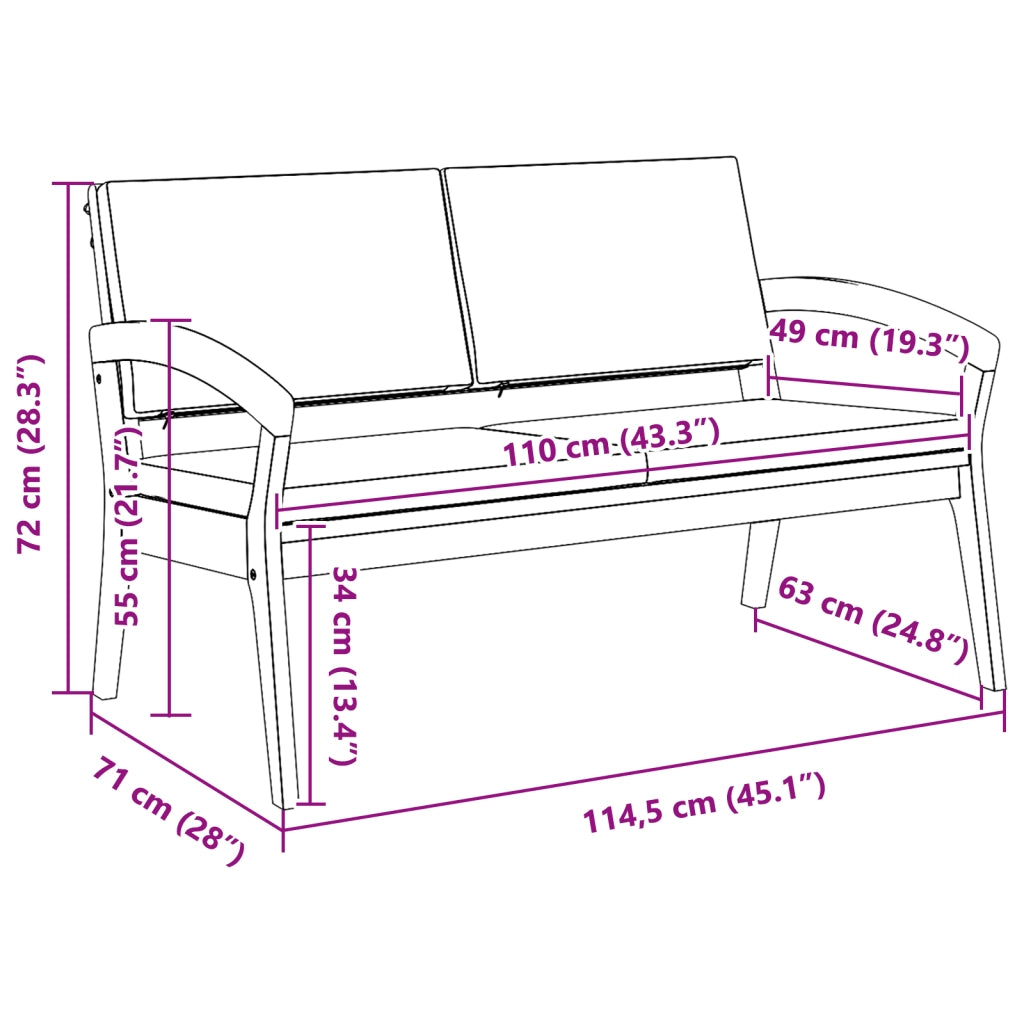 Panchina da giardino con cuscini 115x70x72 cm in legno massello di acacia