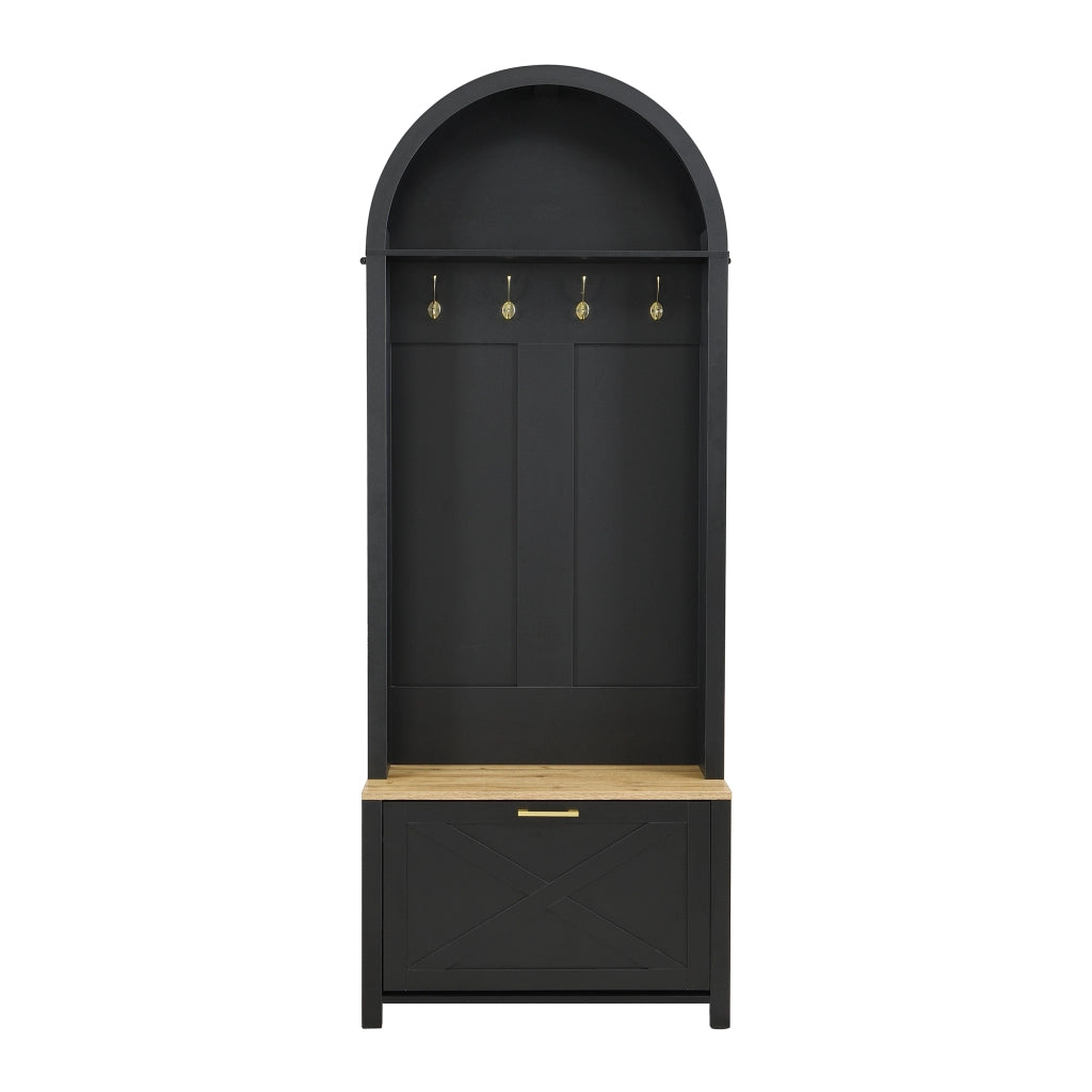 Mobile Ingresso Appendiabiti a Albero con Mensola e Scarpiera; in MDF; Nero e Legno; 75??35??195 cm