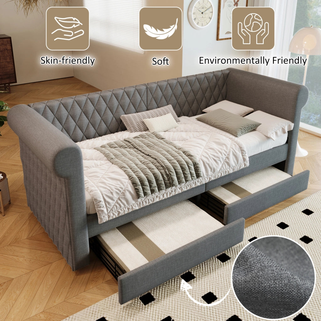 Divano letto daybed 90x200 cm in lino grigio con 2 cassetti; testiera vintage