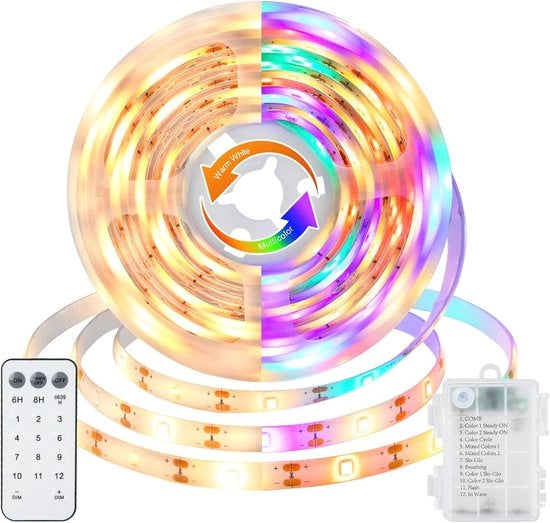 LED strip a 3 metri con 108 led - LED strip con 2 colori che si alternano, 12 modi, telecomando, timer, regolabile, tagliabile e adesivo per decorazione di interni (bianco caldo e multicolore)