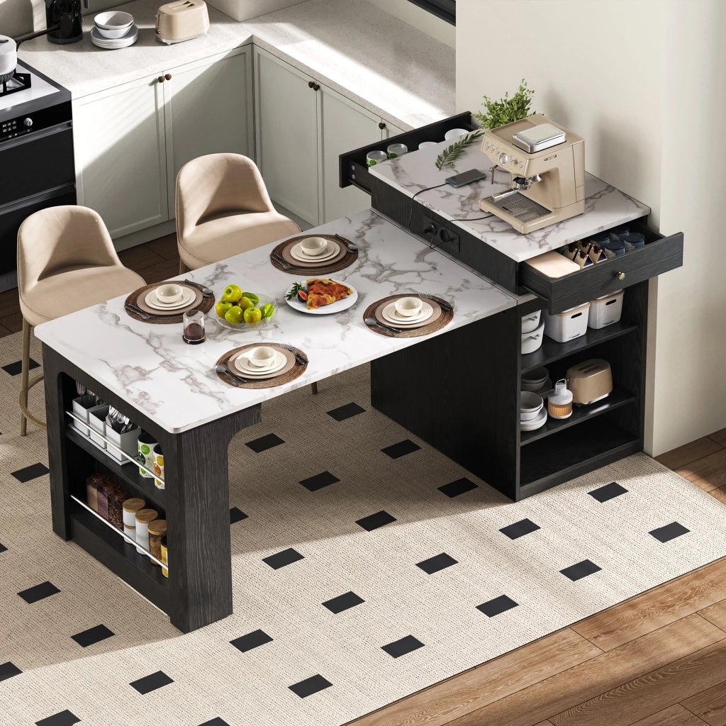 Tavolo da pranzo - isola cucina su ruote - piano estraibile - bar con prese - nero - per cucina e sala