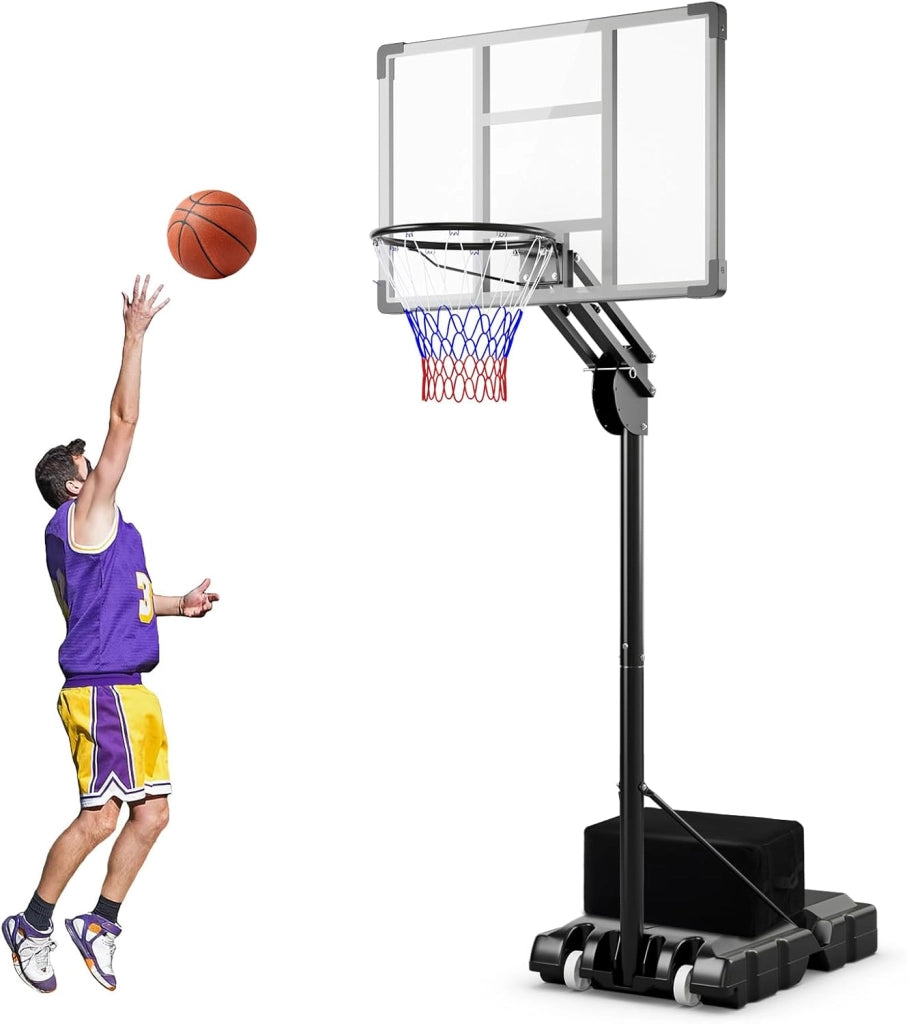 Canestro da Basket da Esterno per Adulti Professionale, Canestro da Basket Portatile e Regolabile 149-305 cm con Tabella Indistruttibile, 2 Ruote, Base Riempibile e Sacchetto di Pesi